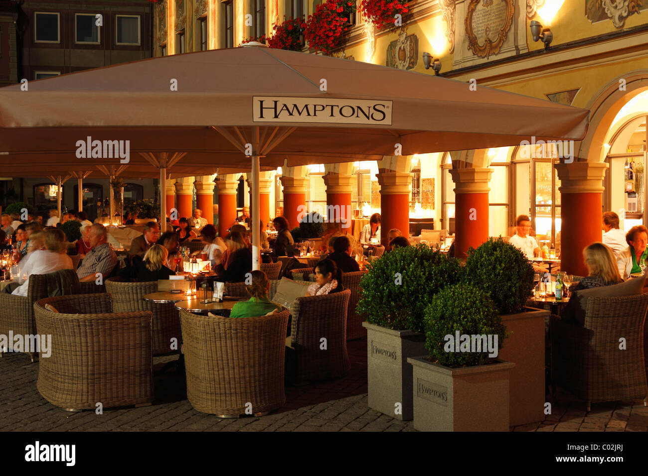 Café Hamptons in the Steuerhaus building on the market square, Memmingen, Unterallgaeu region, Allgaeu, Schwaben, Bavaria Stock Photo