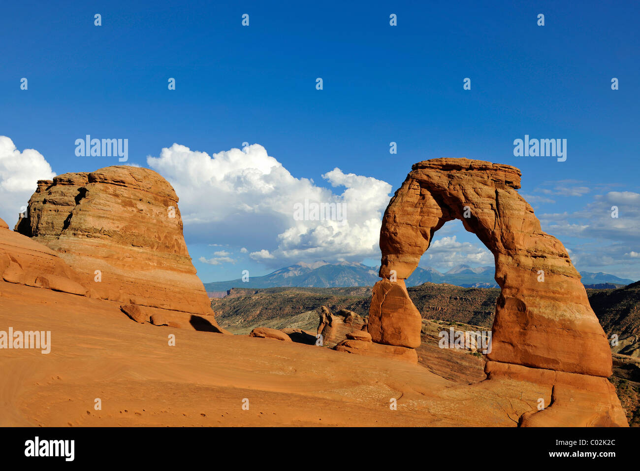 Delicate Arch, rock arch, La Sal Mountains, Arches National Park, Moab, Utah, Southwestern United States Stock Photo