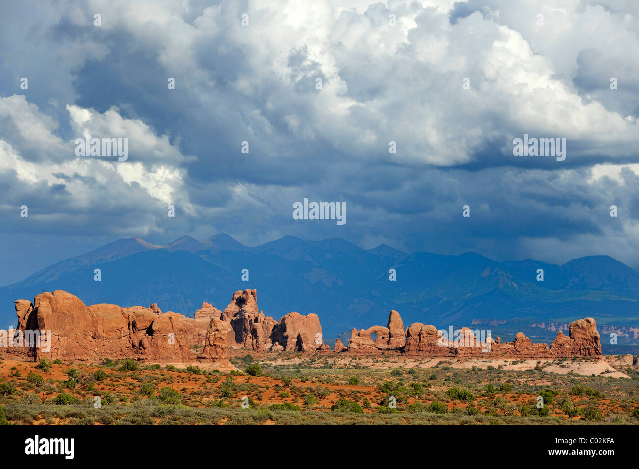 Rock formations of Turret Arch, rock arch, Elephant Butte, North Window, South Window, La Sal Mountains at the back Stock Photo