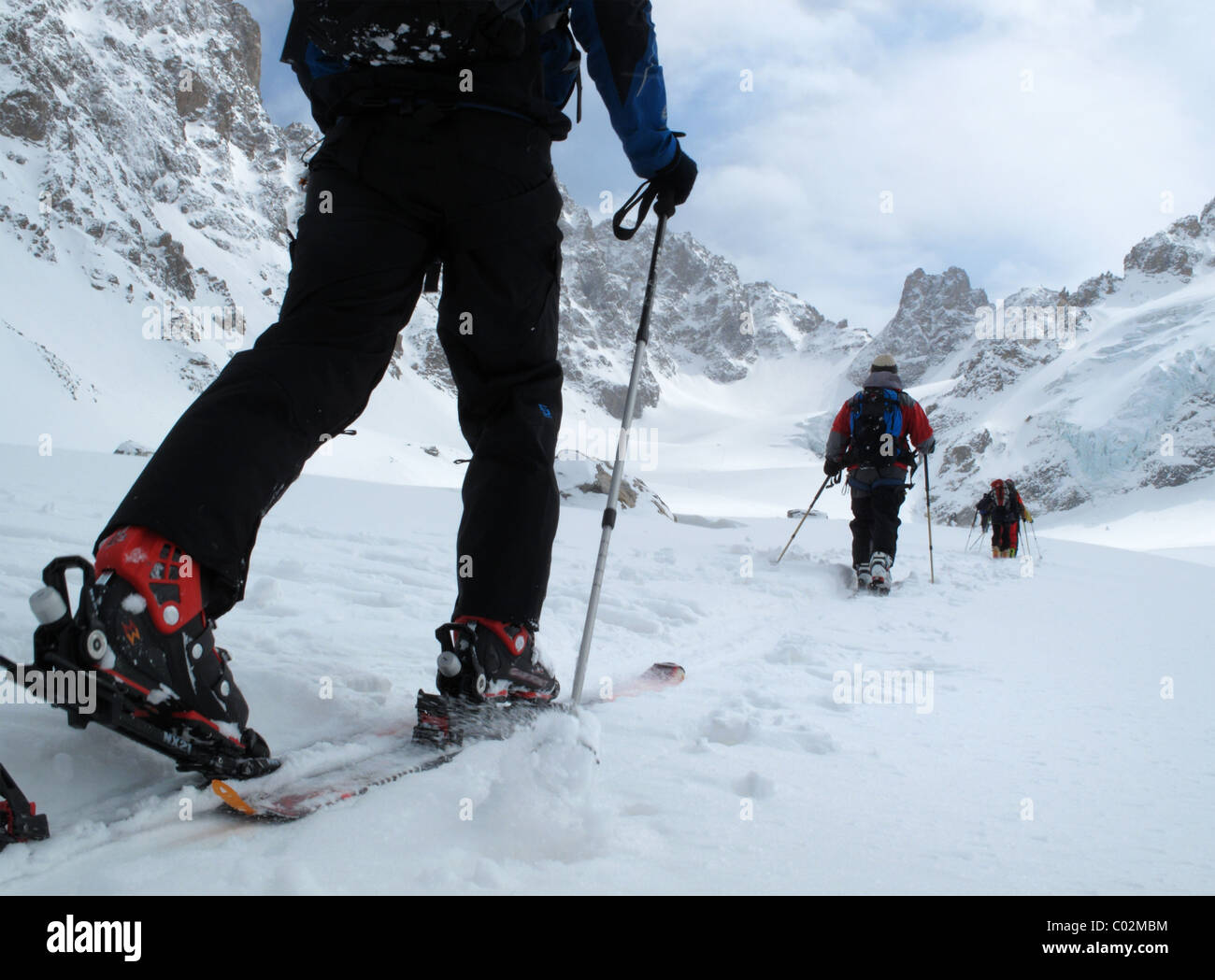 Ski Touring on the Adyr Su Glacier towards the Granovskovo Pass in the Elbrus Region of the Caucasus, Russia Stock Photo