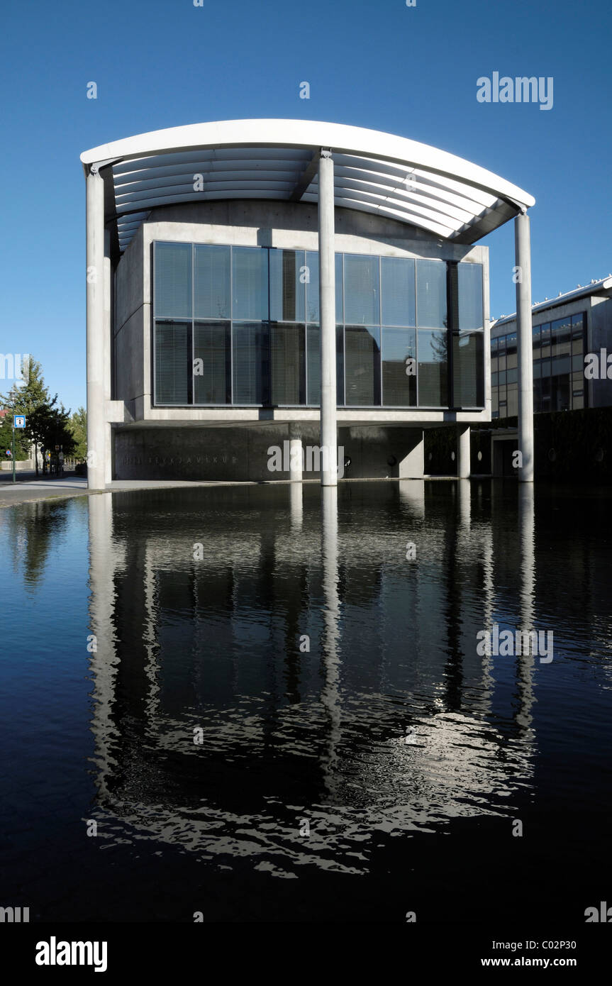 Reflection of facade in the water, City Hall, Reykjavik, Iceland, Europe Stock Photo