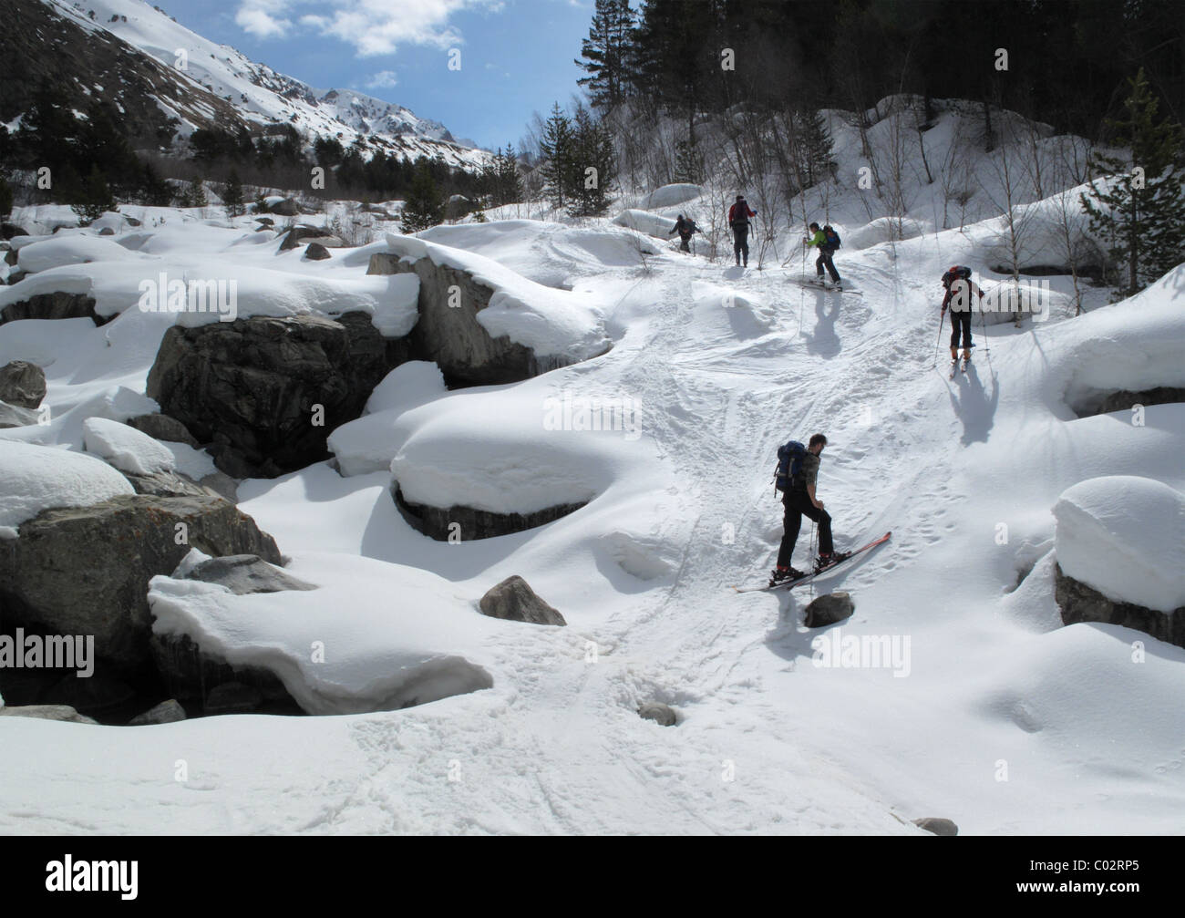 Ski Touring in the Adyl Su Valley in the Elbrus Region of the Caucasus, Russia Stock Photo