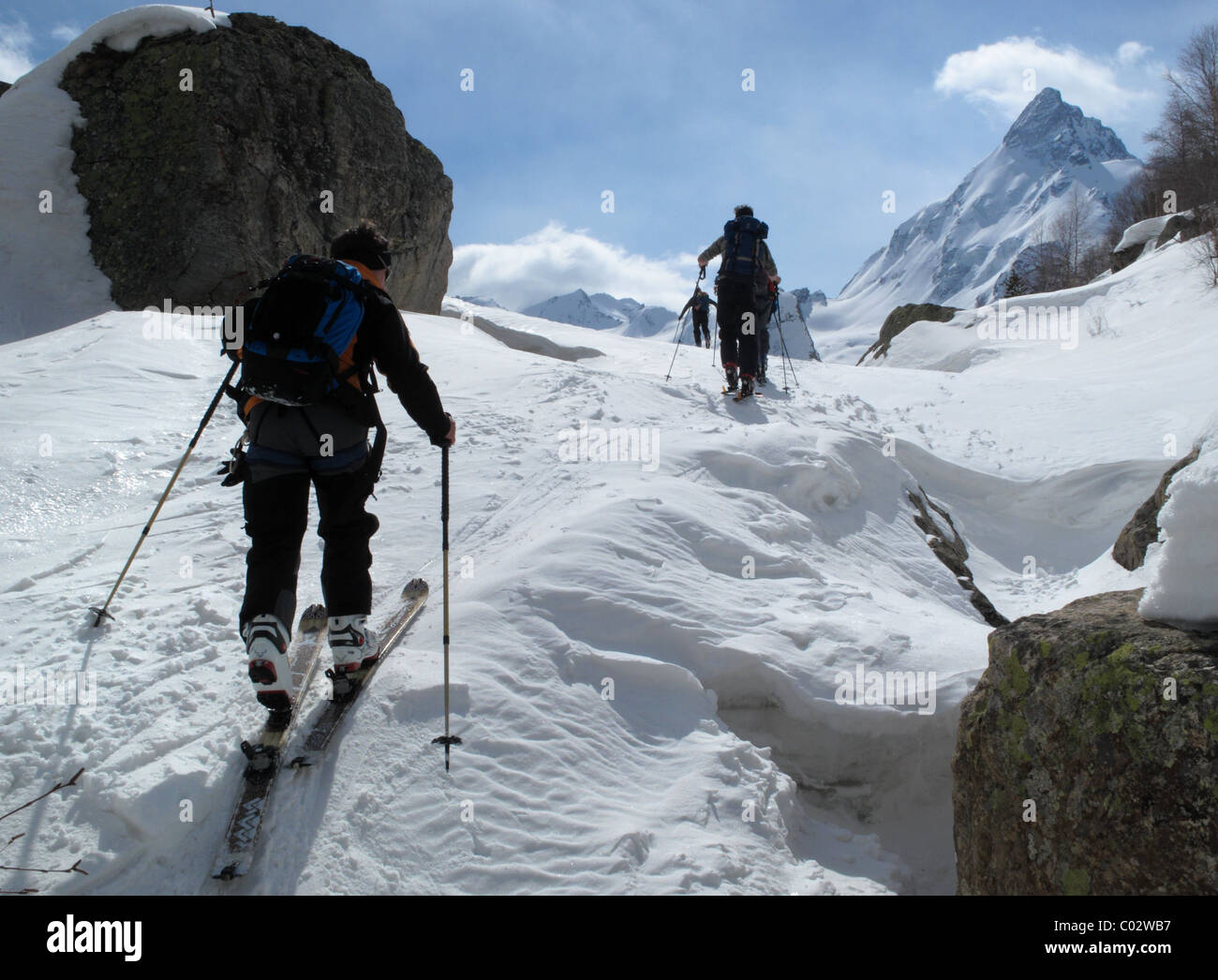 Ski Touring in the Adyl-Su Valley, in the Elbrus Region of the Caucasus, Russia Stock Photo