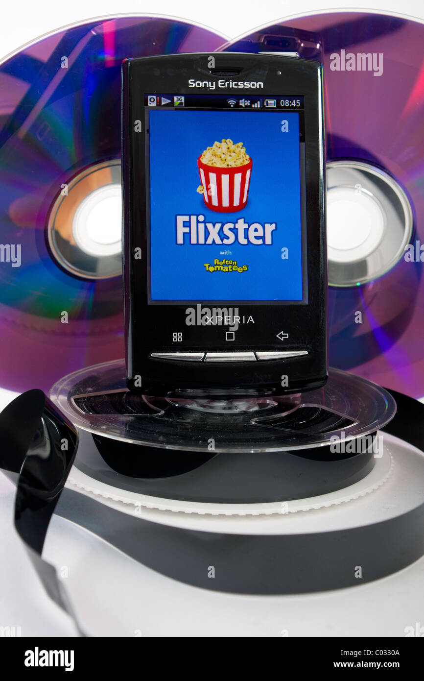 A Sony Ericsson Xperia Mini Pro mobile phone Cellphone showing the Flixster google android application for movies on 3G Stock Photo