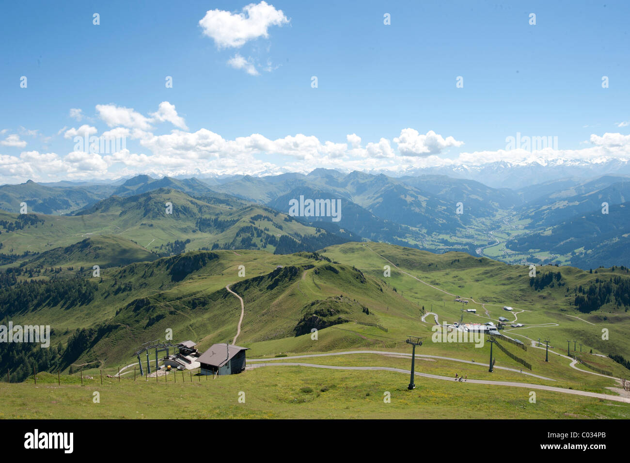 Kitzbuehel mountain pastures with main ridge of the Alps, Tyrol, Austria, Europe Stock Photo
