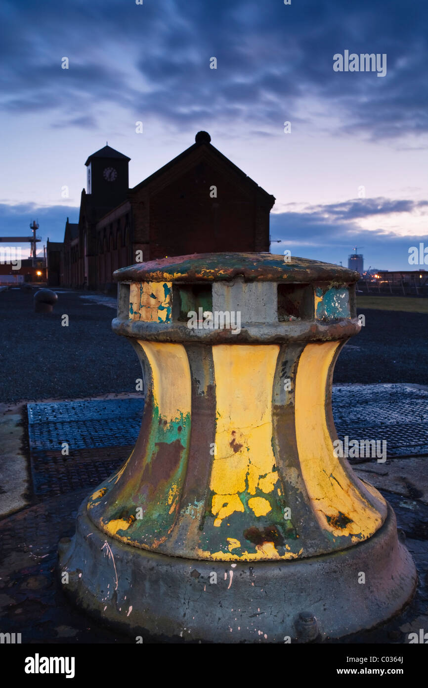 Capstan near the Harland & Wolff Pump-House, and 'Titanic' dry dock, Belfast, Northern Ireland Stock Photo