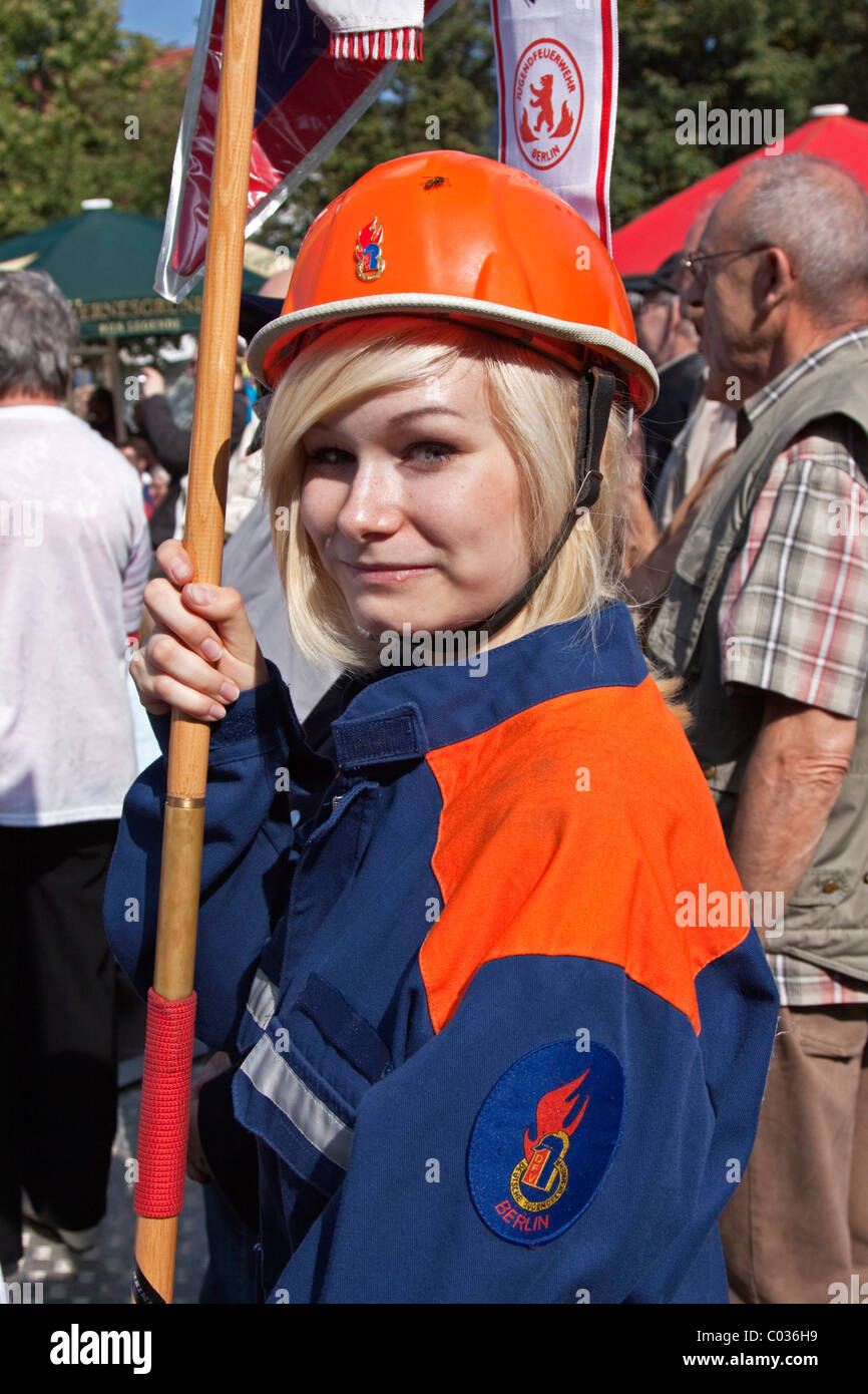 Young woman, DFV, German Junior Firefighting Association, Berlin, Germany, Europe Stock Photo