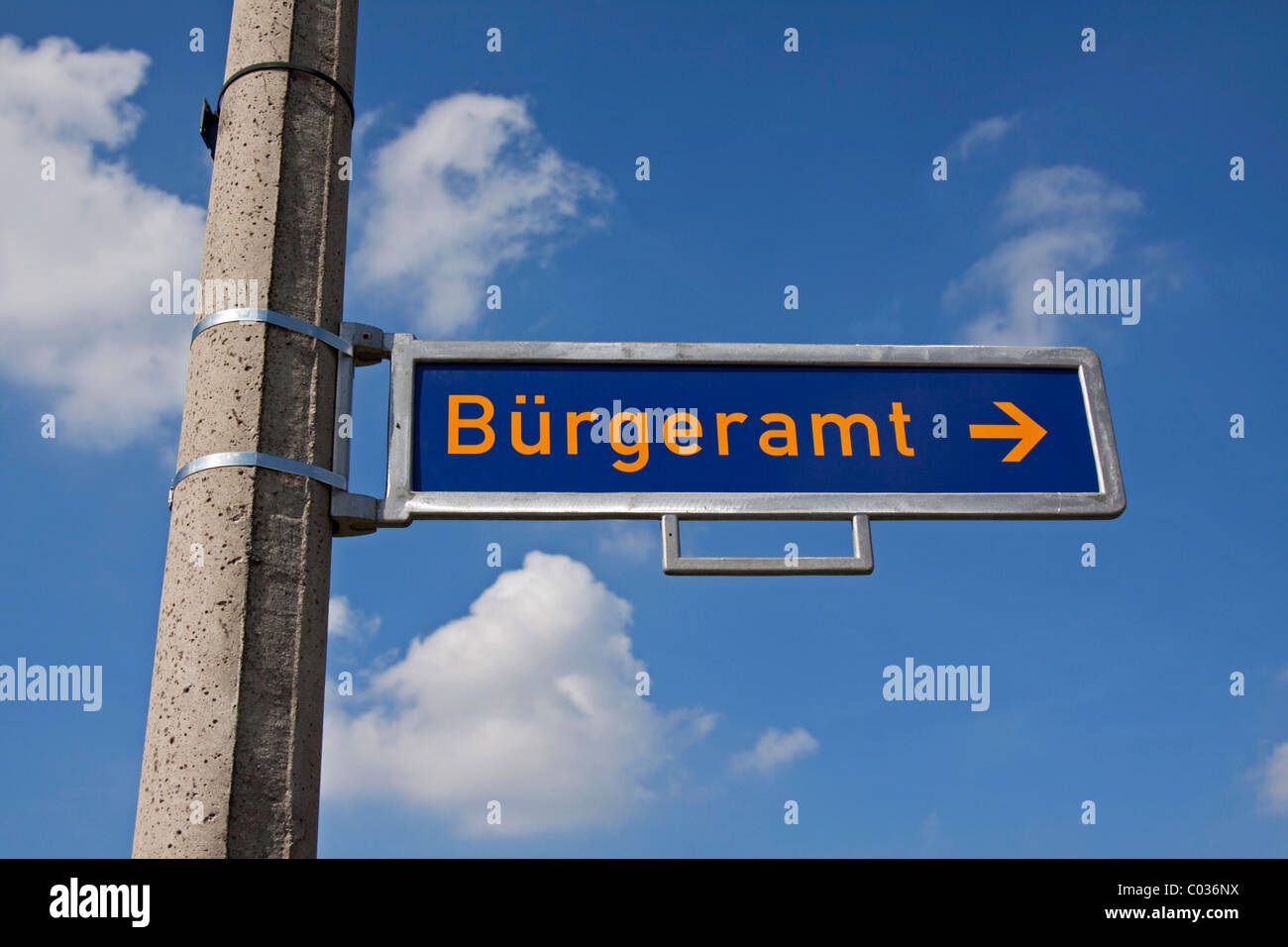 Sign, Buergeramt, German for public service offices, with a directional arrow to the right Stock Photo