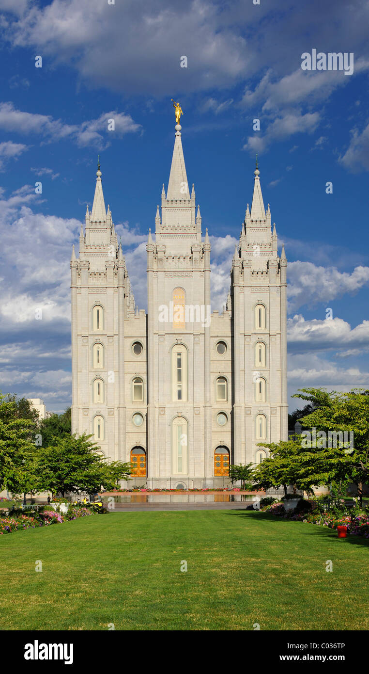 Front facade of the Temple of The Church of Jesus Christ of Latter-day Saints, Mormon Church, Temple Square, Salt Lake City Stock Photo