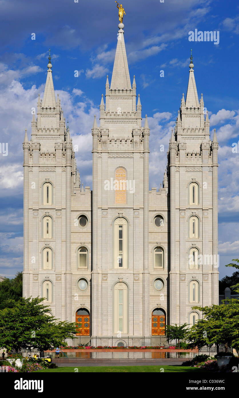 Front facade of the Temple of The Church of Jesus Christ of Latter-day Saints, Mormon Church, Temple Square, Salt Lake City Stock Photo