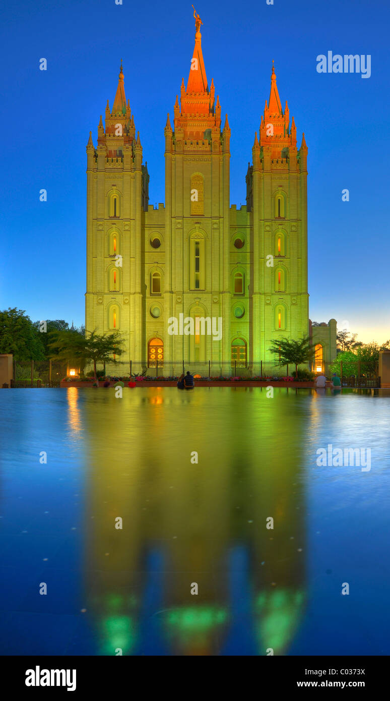 Last glow of sunset on the church towers of the Temple of The Church of Jesus Christ of Latter-day Saints, Mormon Church Stock Photo