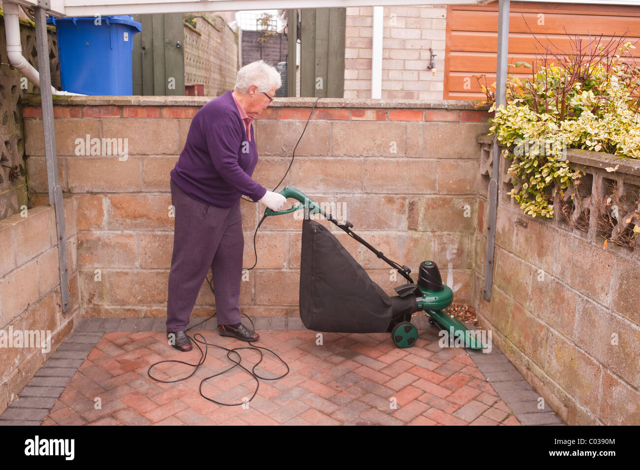 An elderly woman showing movement as she hoovers up the leaves from a patio in the Uk Stock Photo
