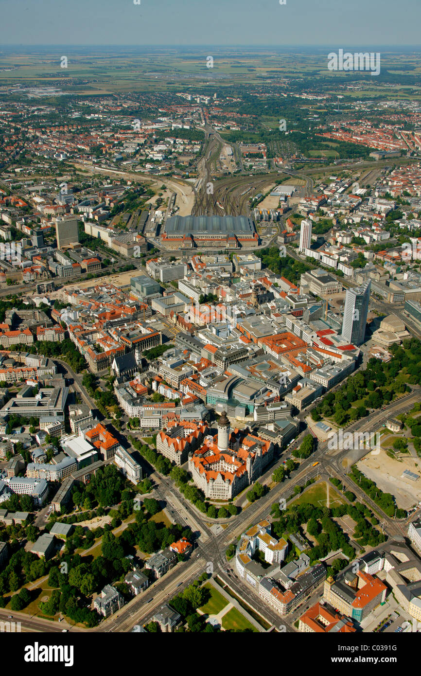 Aerial view, downtown, new town hall, urban administration, Leipzig, Saxony, Germany, Europe Stock Photo