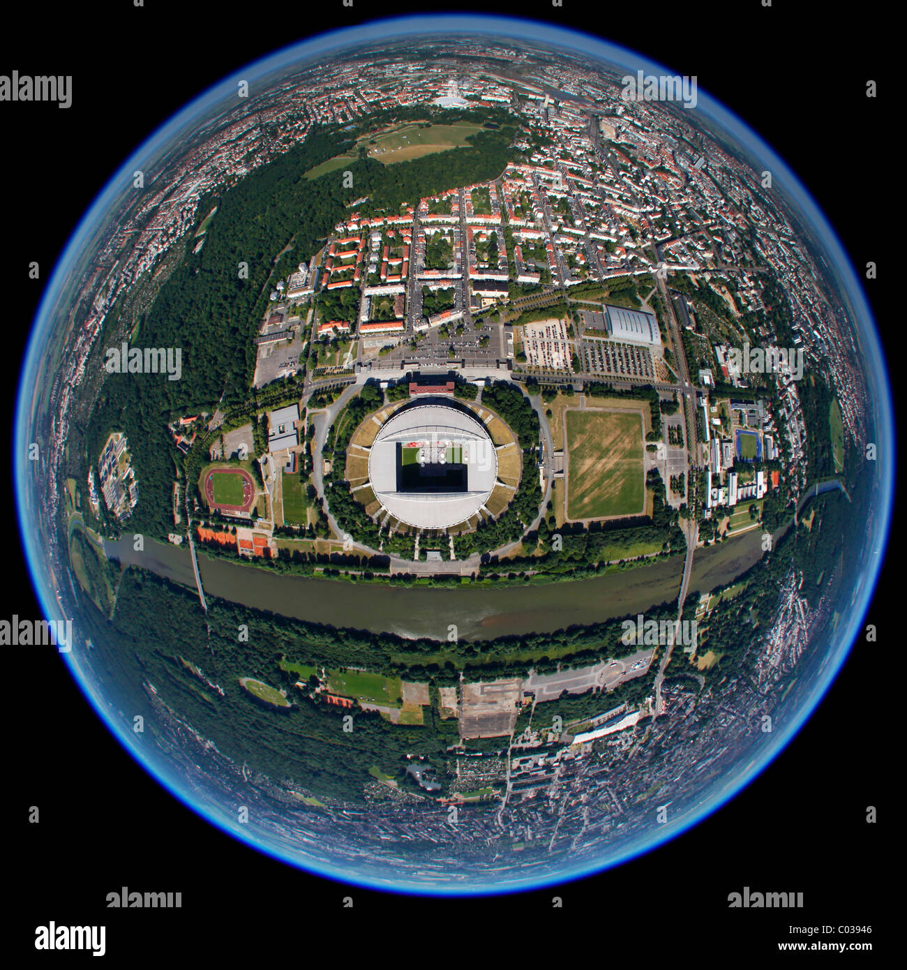 Aerial view, fisheye, globe panorama, Zentralstadion stadium, Elsterbecken, public viewing at the stadium, Am Sportforum 3 Stock Photo