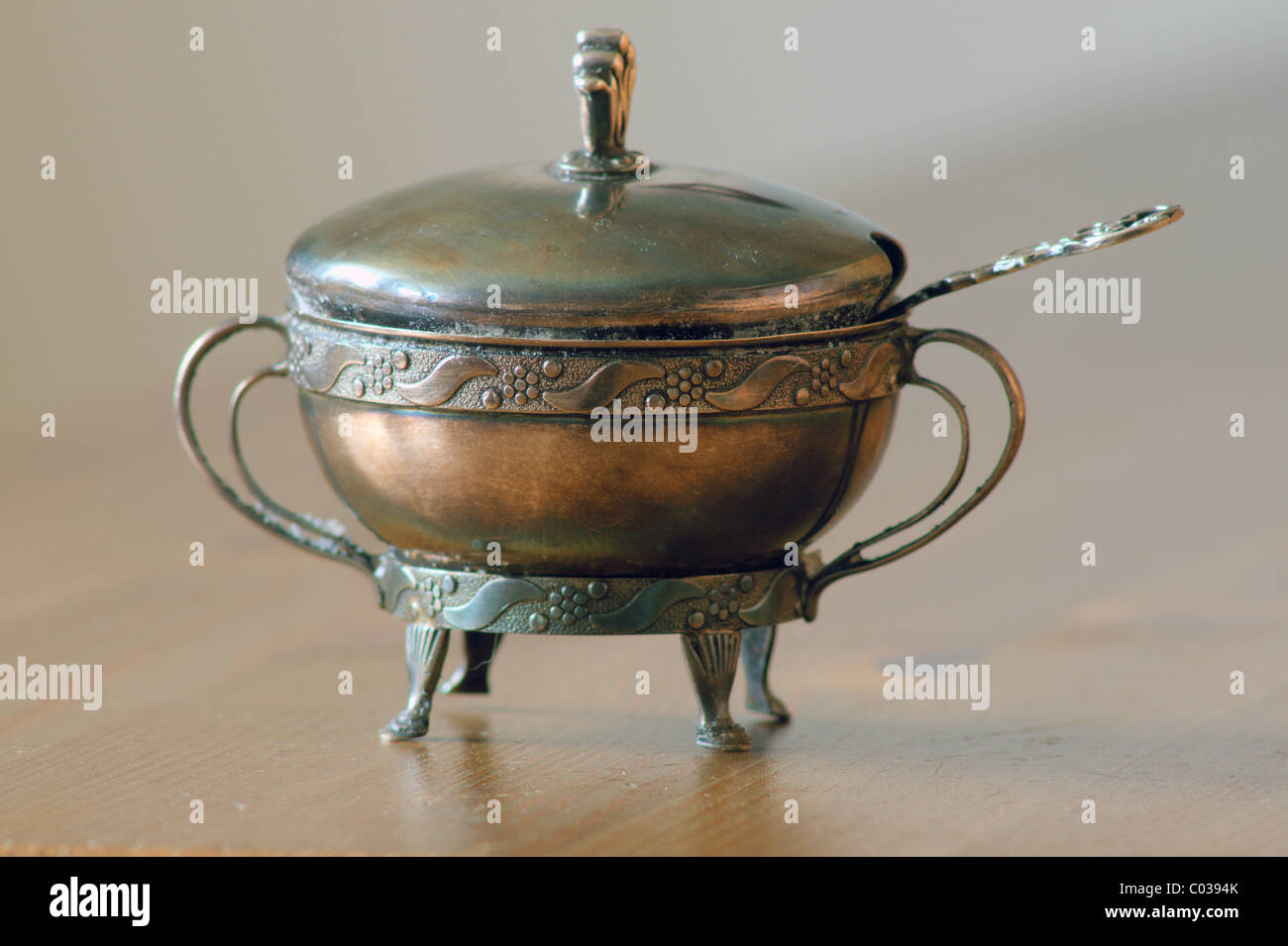 Old decorative metal sugar bowl Stock Photo