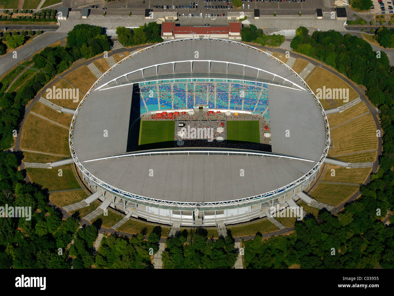 Aerial view, Zentralstadion stadium, Elsterbecken, public viewing at the stadium, Am Sportforum 3, Leipzig, Saxony Stock Photo