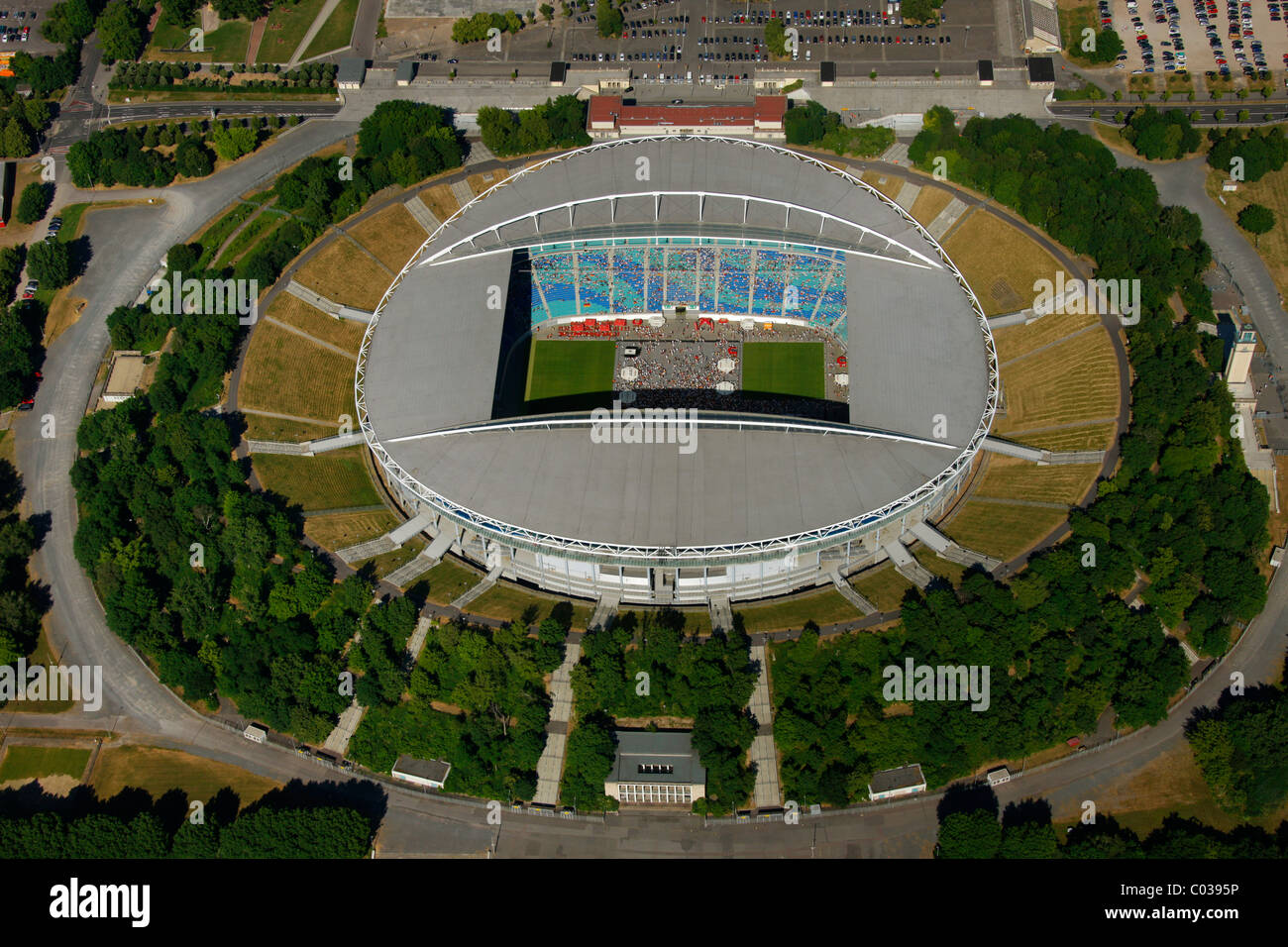 Aerial view, Zentralstadion stadium, Elsterbecken, public viewing at the stadium, Leipzig, Saxony, Germany, Europe Stock Photo