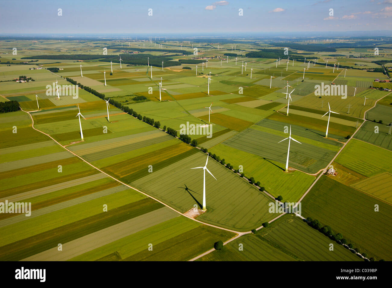 Aerial view, wind turbines, wind farm, Marsberg, Hochsauerlandkreis district, North Rhine-Westphalia, Germany, Europe Stock Photo