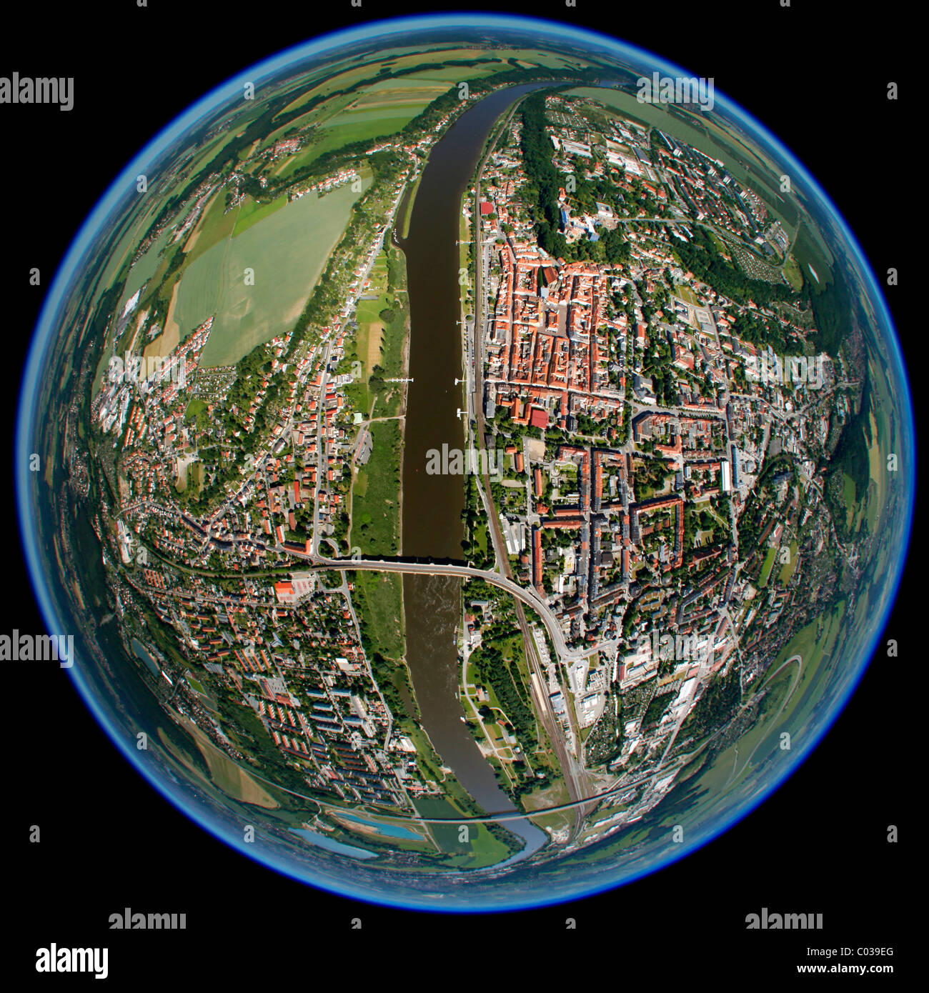 Aerial view, fisheye, globe panorama, Brueckenstrasse street, Pirna, Saxony, Germany, Europe Stock Photo