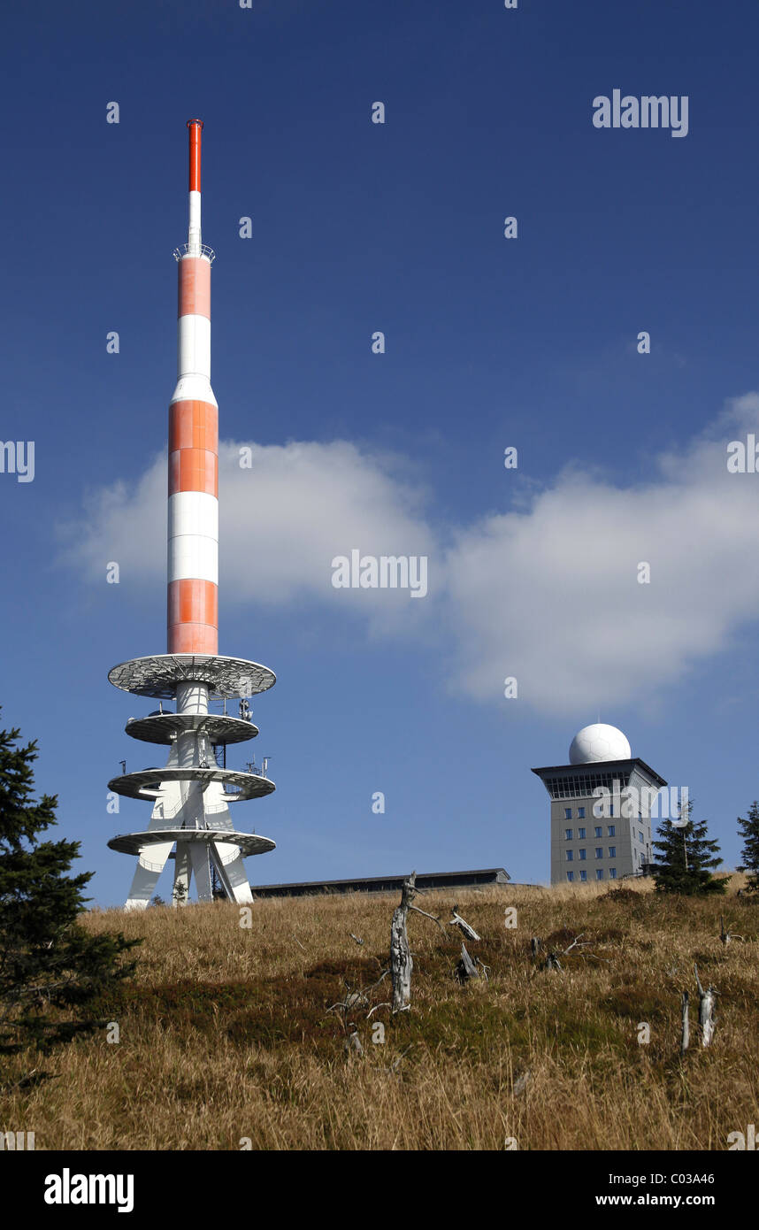 Transmitter and weather station on Brocken Mountain, Harz, Saxony-Anhalt, Germany, Europe Stock Photo