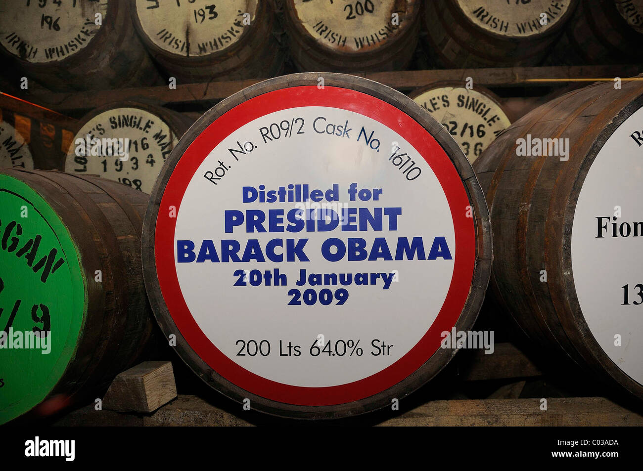 Whiskey distilled for Barack Obama in a wooden barrel, Locke's Distillery, the oldest licensed whiskey distillery in the world Stock Photo