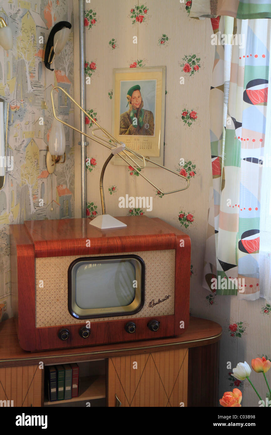 Living room from the 50's with tv set, ErfinderZeiten car and clock museum in Schramberg, Black Forest, Baden-Wuerttemberg Stock Photo
