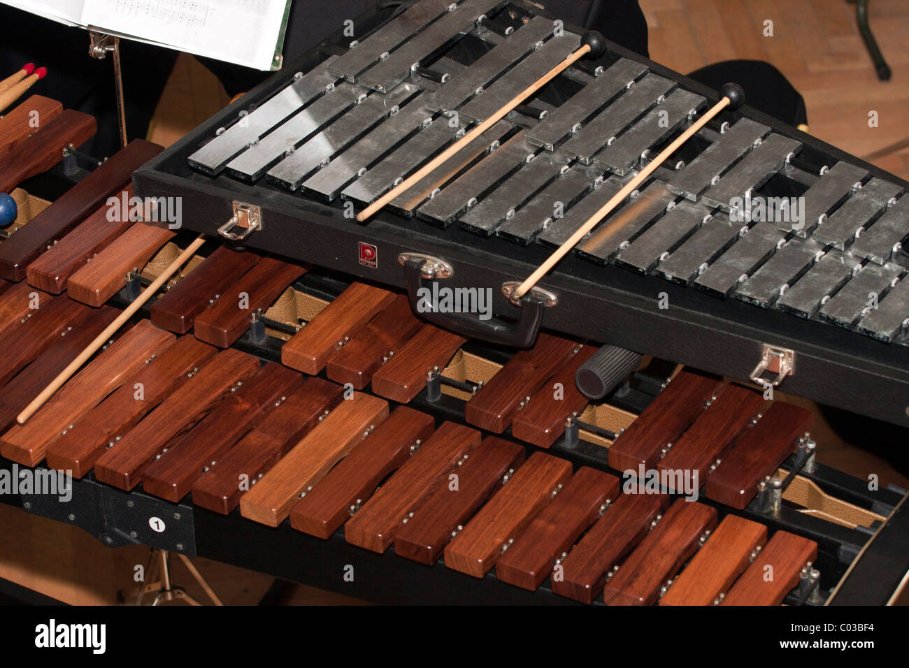 Musical instruments wooden and metal xylophone Stock Photo Alamy