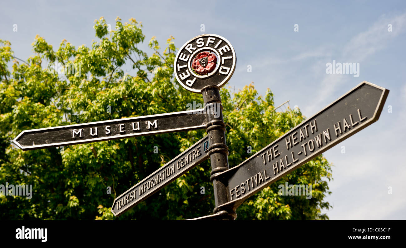 A sign post in the square Petersfield showing all the historical places to vist in the Ancient town Stock Photo