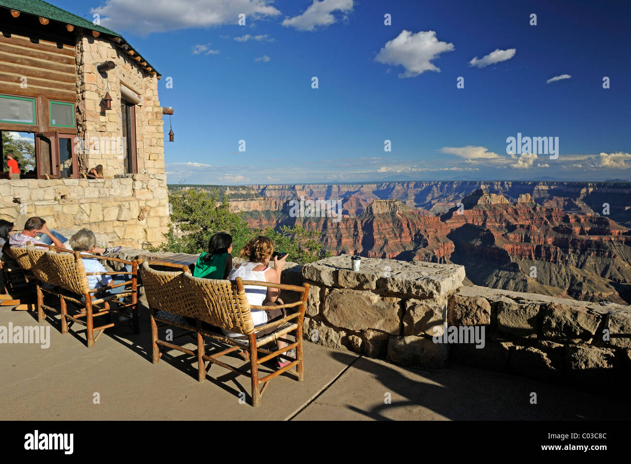 Visitors lodging at the Grand Canyon Lodge watching the sunset, Grand Canyon North Rim, Arizona, USA Stock Photo