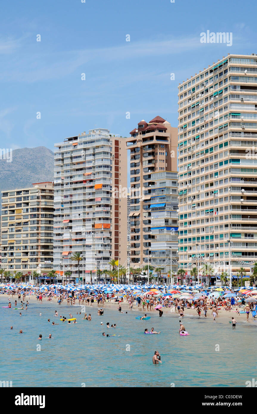 Holidaymakers, skyscrapers, Playa de Levante beach, Benidorm, Costa Blanca, Alicante, Spain, Europe Stock Photo