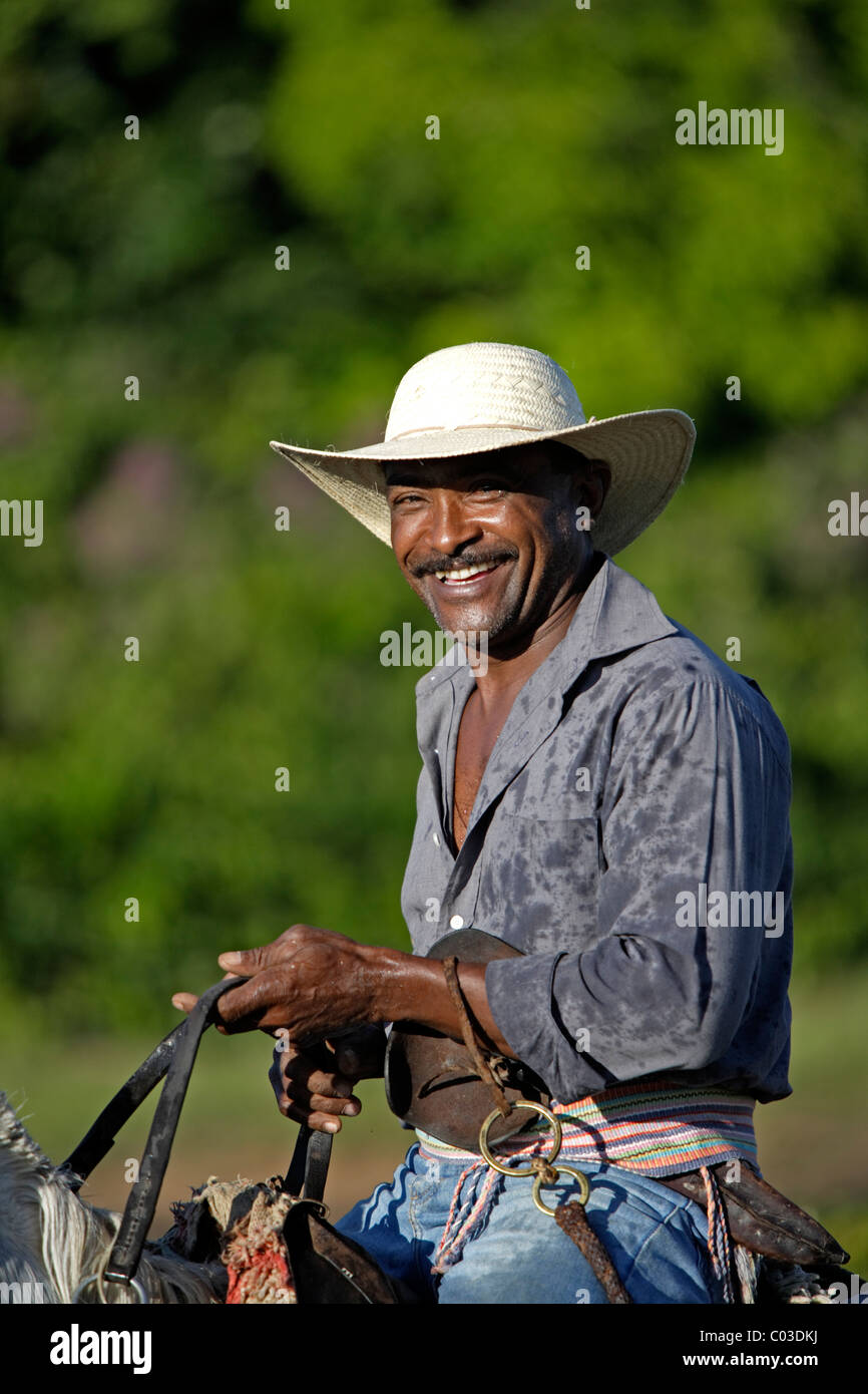 Pantanal Cowboy ridding a Pantaneiro horse, portrait, Pantanal, Brazil, South America Stock Photo