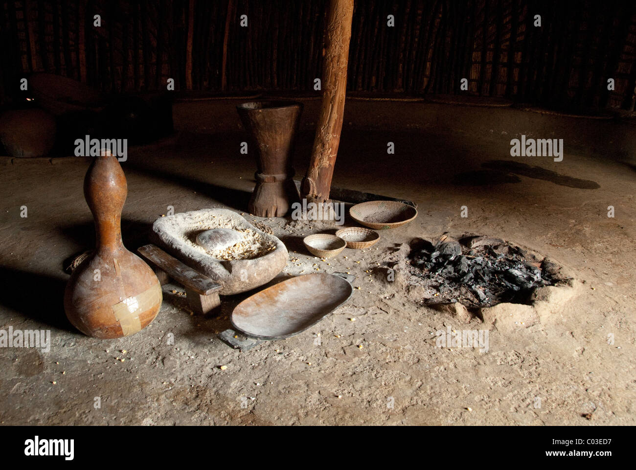 South Africa, Durban, Valley of the Thousand Hills, Phezulu Park. Inside traditional Zulu hut. Stock Photo