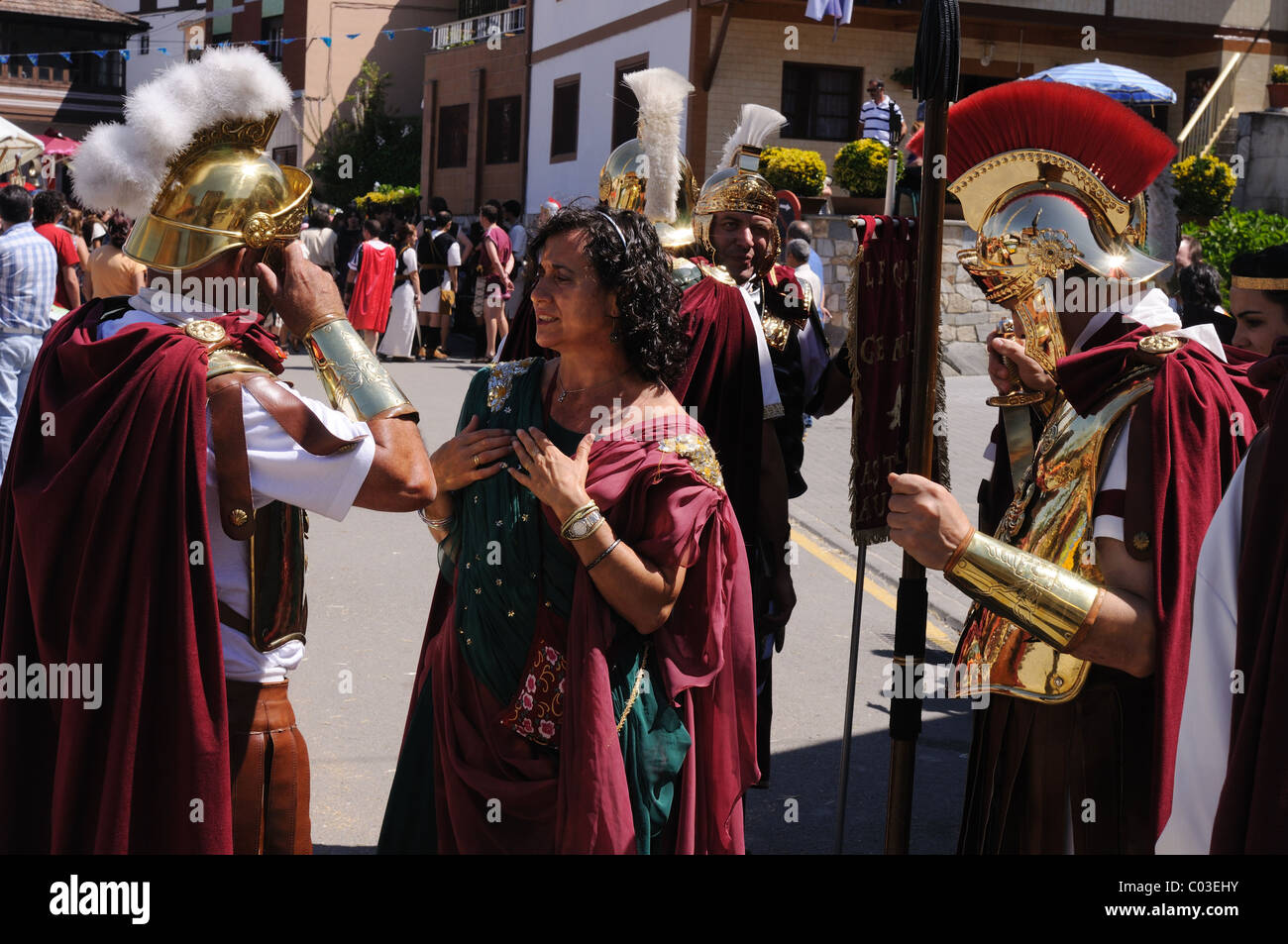 Roman legionnaires talking. ' Astur-Roman Festival of  La Carisa '  CARABANZO  Asturias SPAIN. Stock Photo