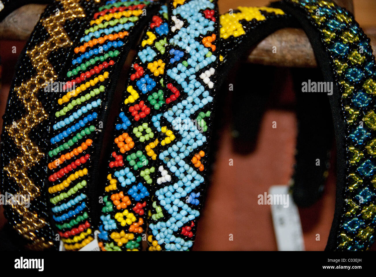 South Africa, Durban, Valley of the Thousand Hills, Phezulu Park. Traditional Zulu cultural park. Typical beaded crafts. Stock Photo