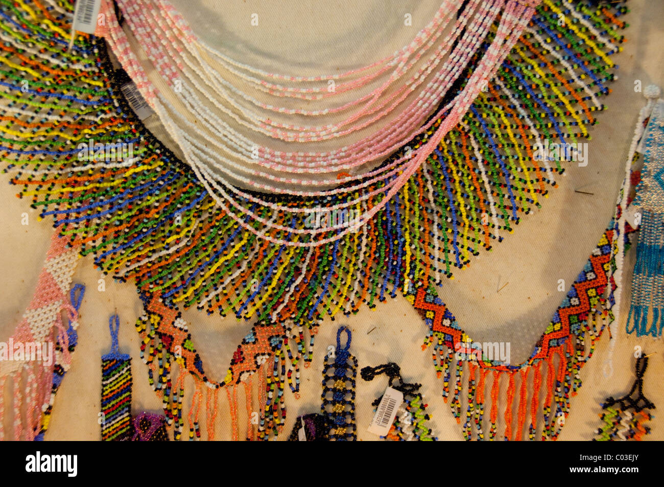 South Africa, Durban, Valley of the Thousand Hills, Phezulu Park. Traditional Zulu cultural park. Typical beaded crafts. Stock Photo