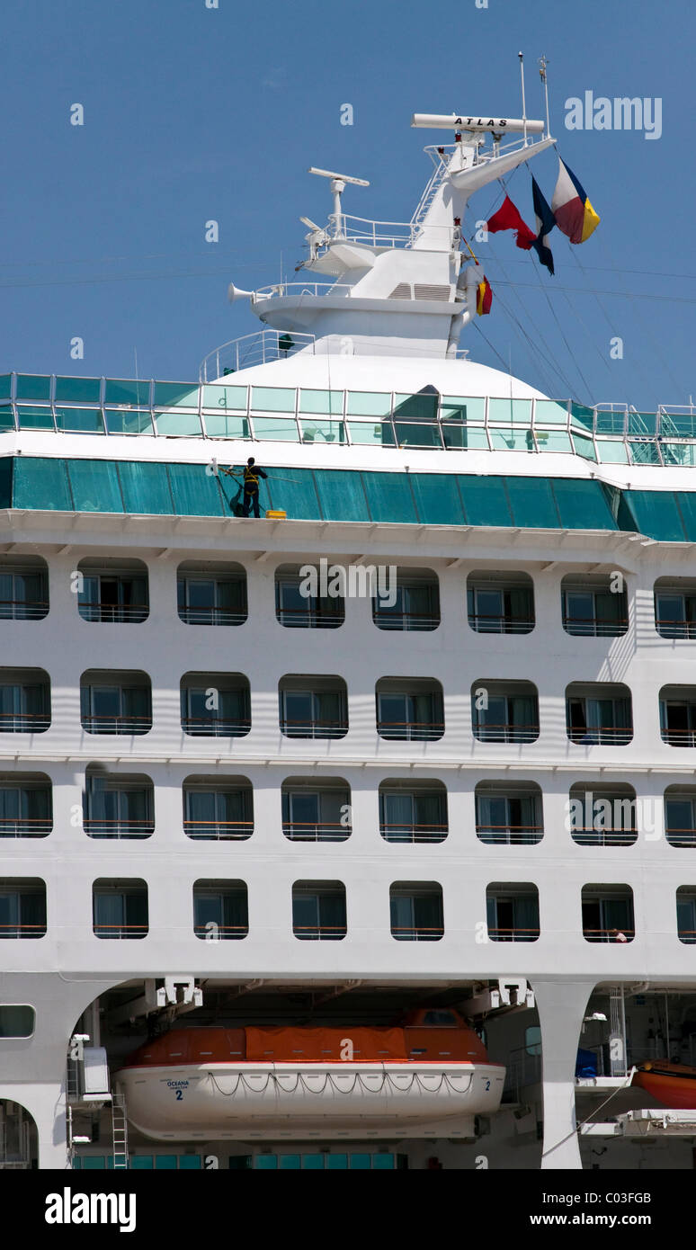 Window cleaner at work on a cruise ship Stock Photo Alamy