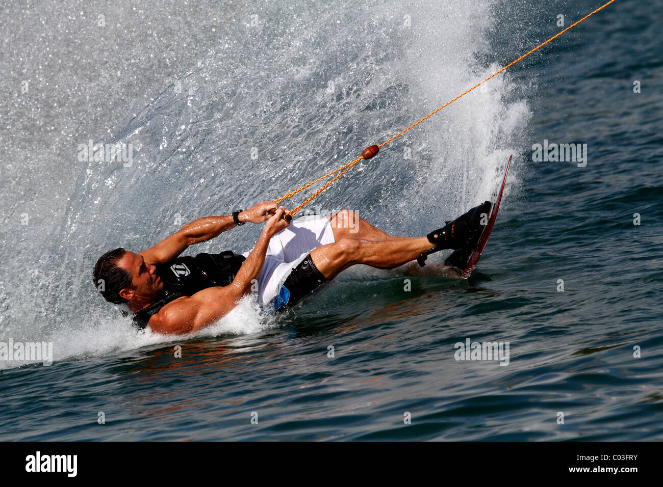 Surfer with wakeboard, Nordstrand lake near Erfurt, Thuringia, Germany, Europe Stock Photo