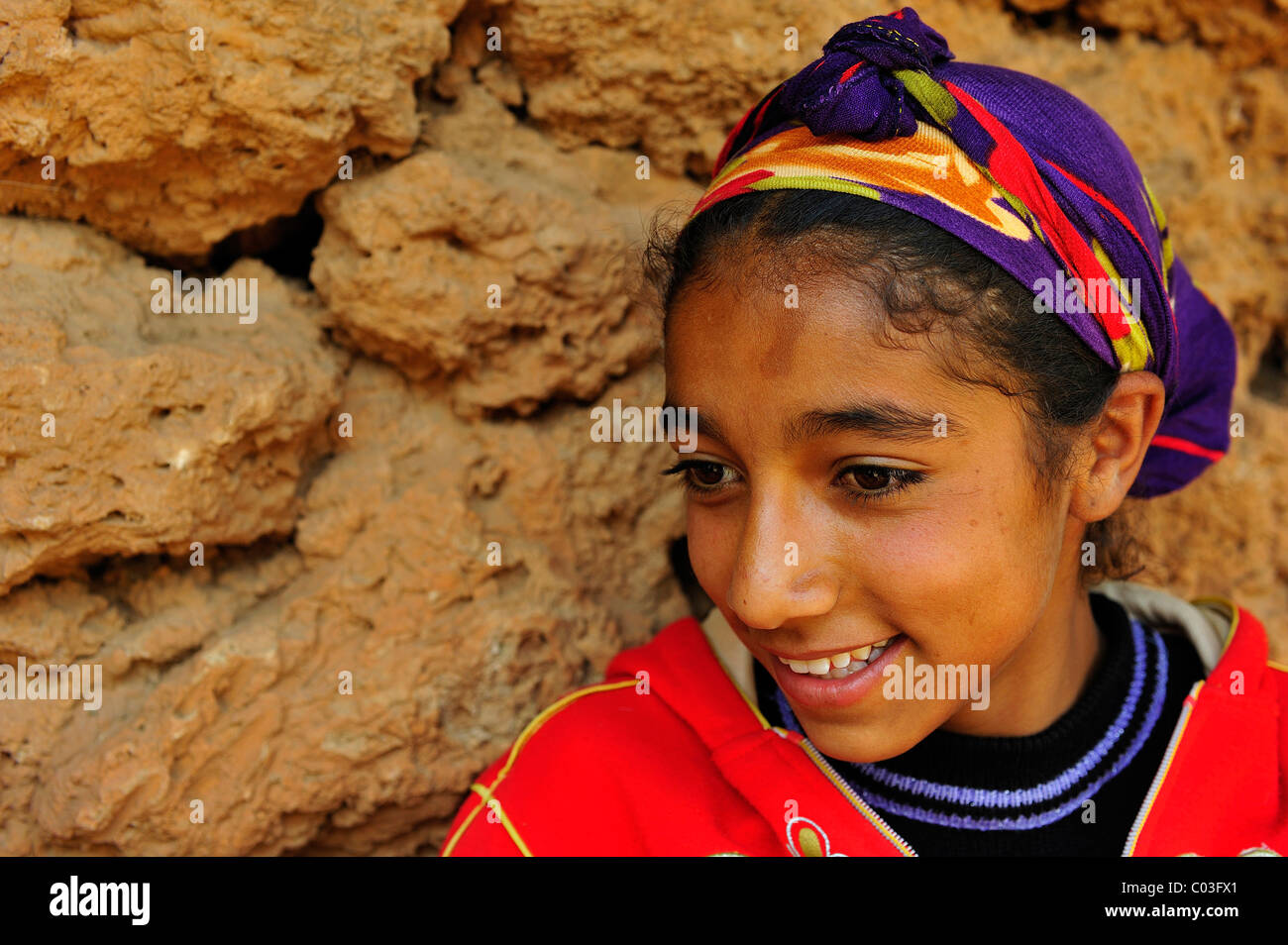 Portrait, Fatima girl, ca. 11, wearing a headscarf, Middle Atlas