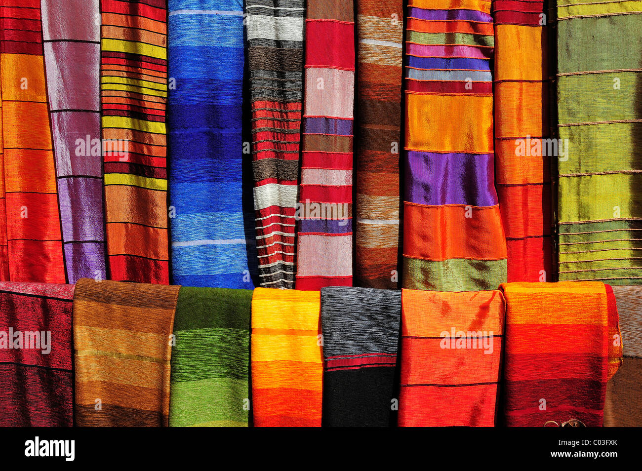 Colourful fabrics for sale at a souq market, bazaar, Morocco, Africa Stock Photo Alamy