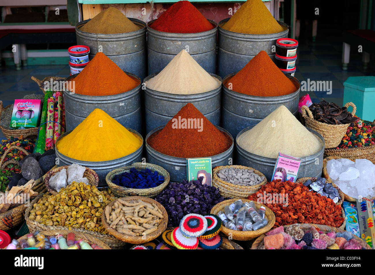 Various spices and other goods for sale, Marrakech, Morocco, Africa Stock Photo