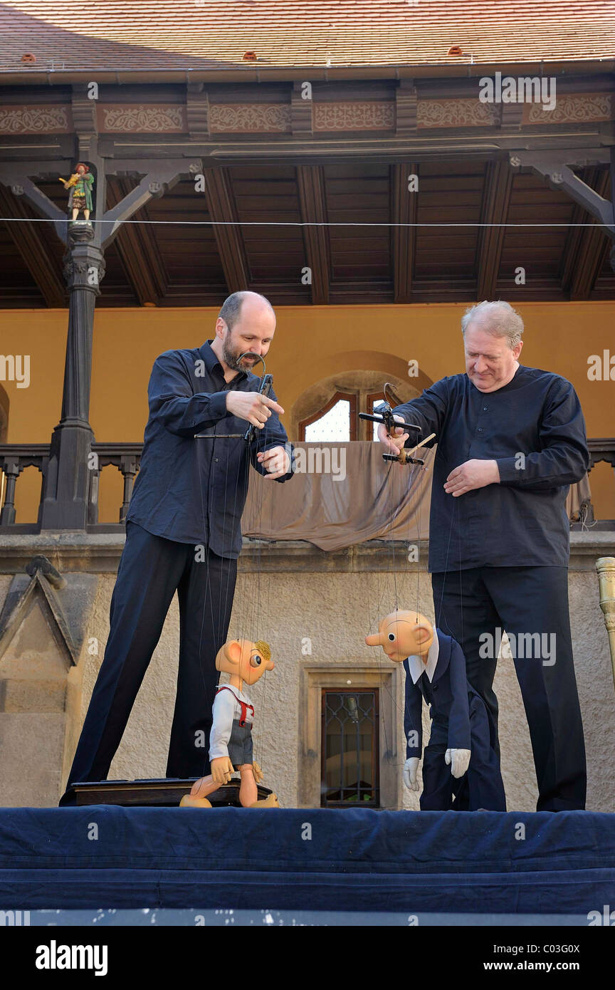 Prague puppet theatre, Spejbl and Hurvínek, public performance on an