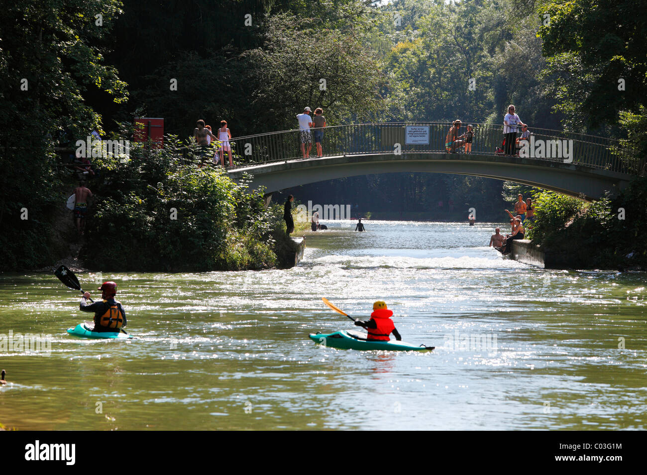 Kayakers on the Isar Flosskanal canal, Thalkirchen, Munich, Upper Bavaria, Bavaria, Germany, Europe Stock Photo