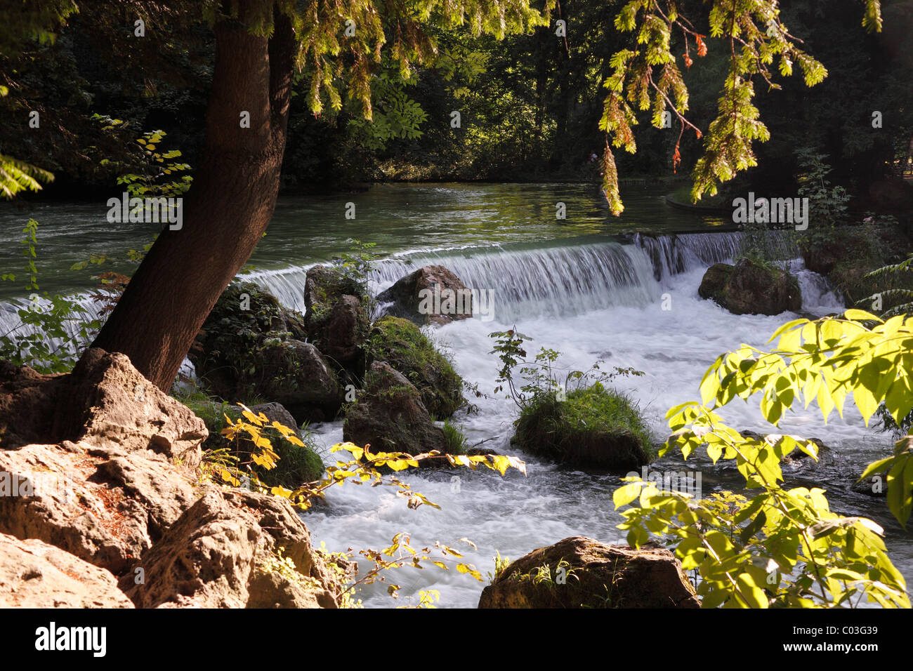 Waterfall in the Eisbach stream, English Garden, Munich, Upper Bavaria, Bavaria, Germany, Europe Stock Photo