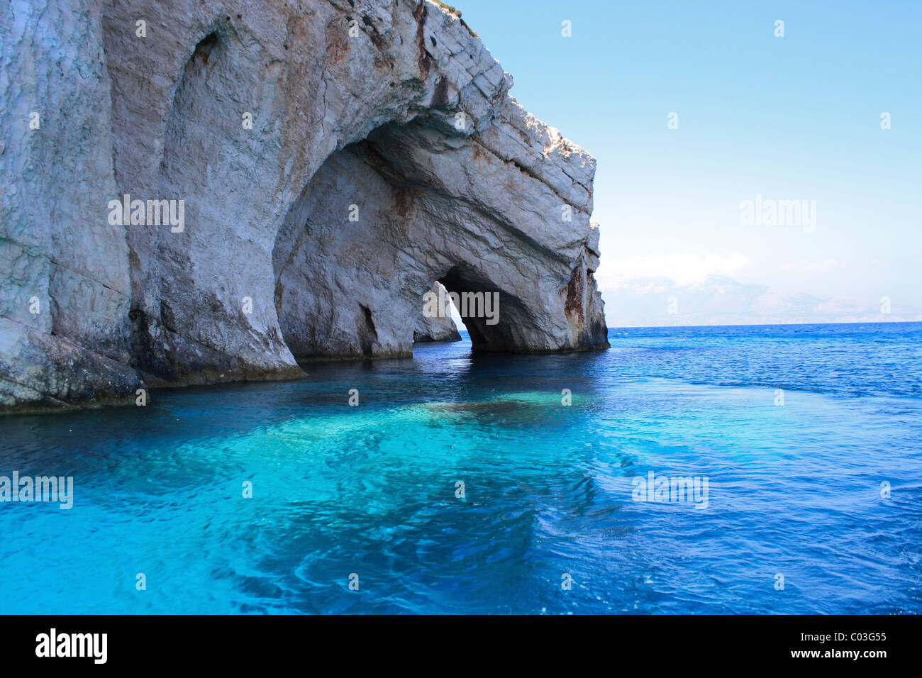 The Blue Caves, a series of natural caves carved out by the sea near Volimes on Zakynthos - Zante, Greece Stock Photo