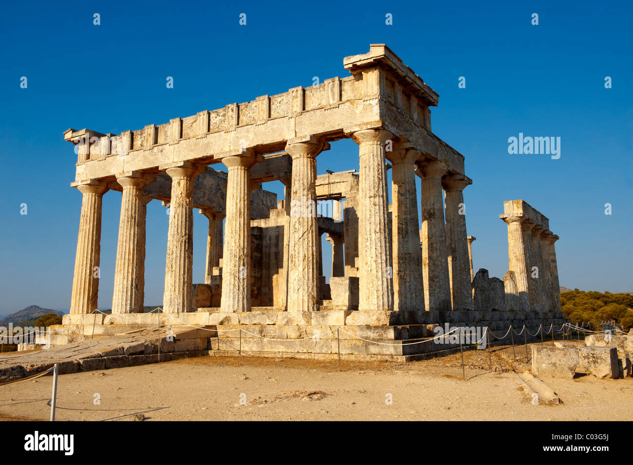 The Greek Doric Temple of Aphaia (500BC). Aegina, Greek Saronic Islands Stock Photo