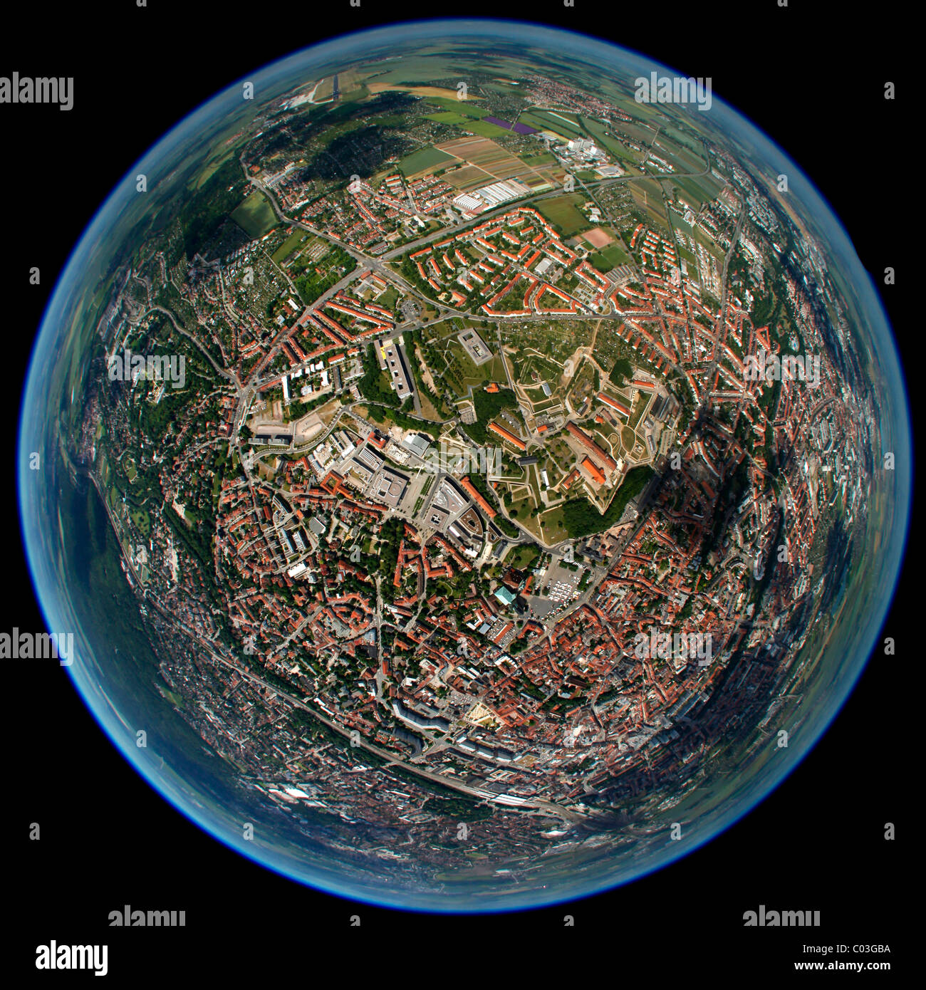 Aerial view, fisheye lens, spherical panorama, Zitadelle Petersberg castle, Erfurt, Thuringia, Germany, Europe Stock Photo