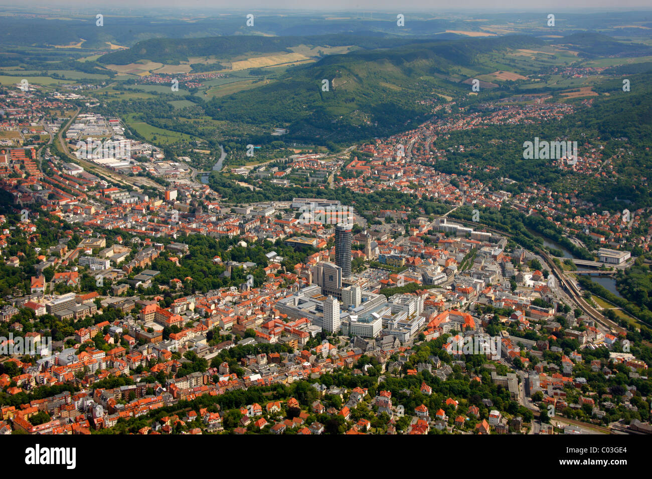 Aerial view, JenTower, Jenoptik plant, University of Jena, Stadtmitte district, Jena, Thuringia, Germany, Europe Stock Photo