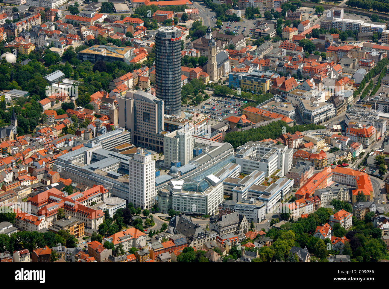 Aerial view, JenTower, Jenoptik plant, University of Jena, Stadtmitte district, Jena, Thuringia, Germany, Europe Stock Photo