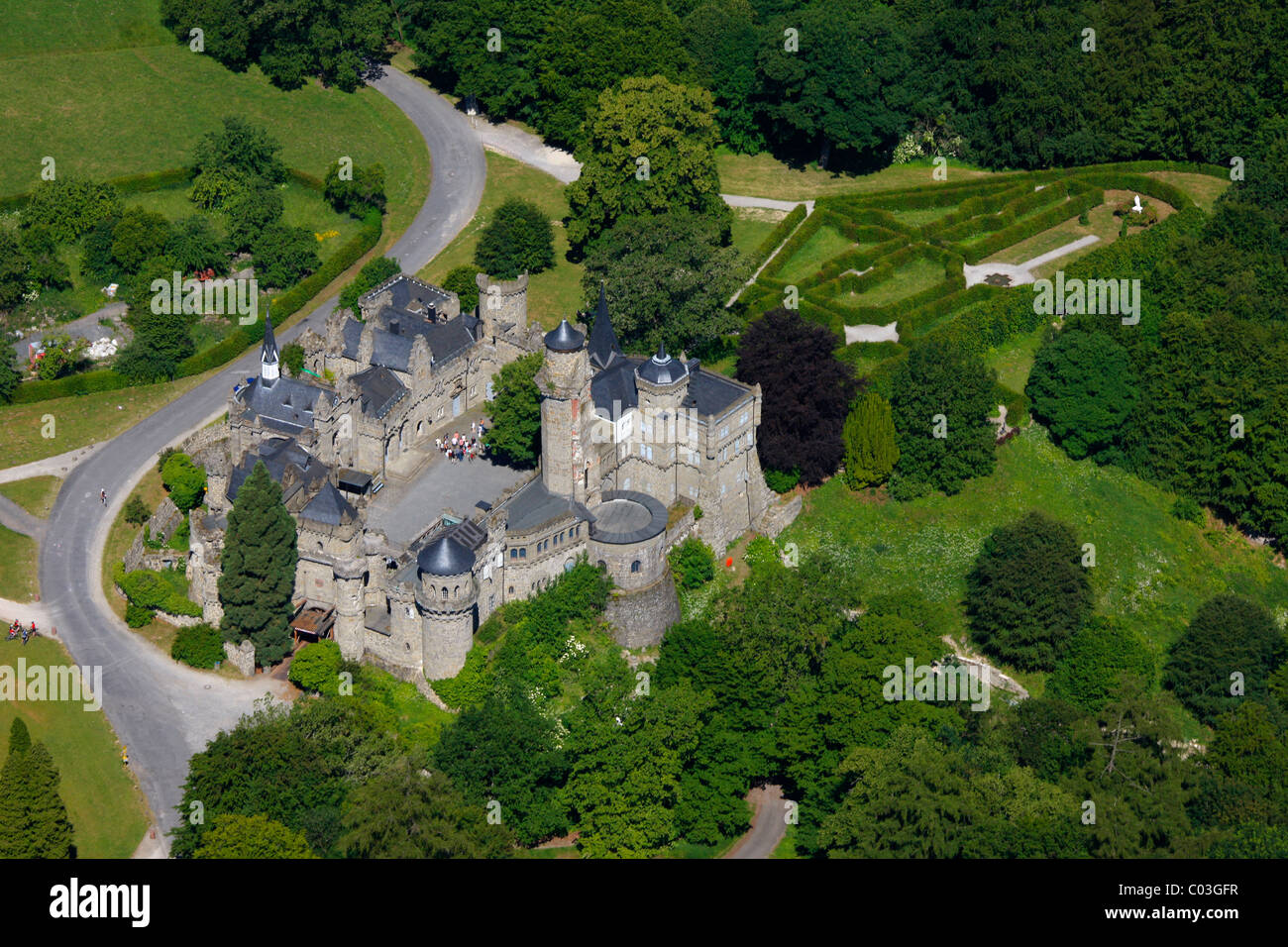 Aerial view, Loewenburg castle, Bergpark Wilhelmshoehe park, Kassel, Hesse, Germany, Europe Stock Photo
