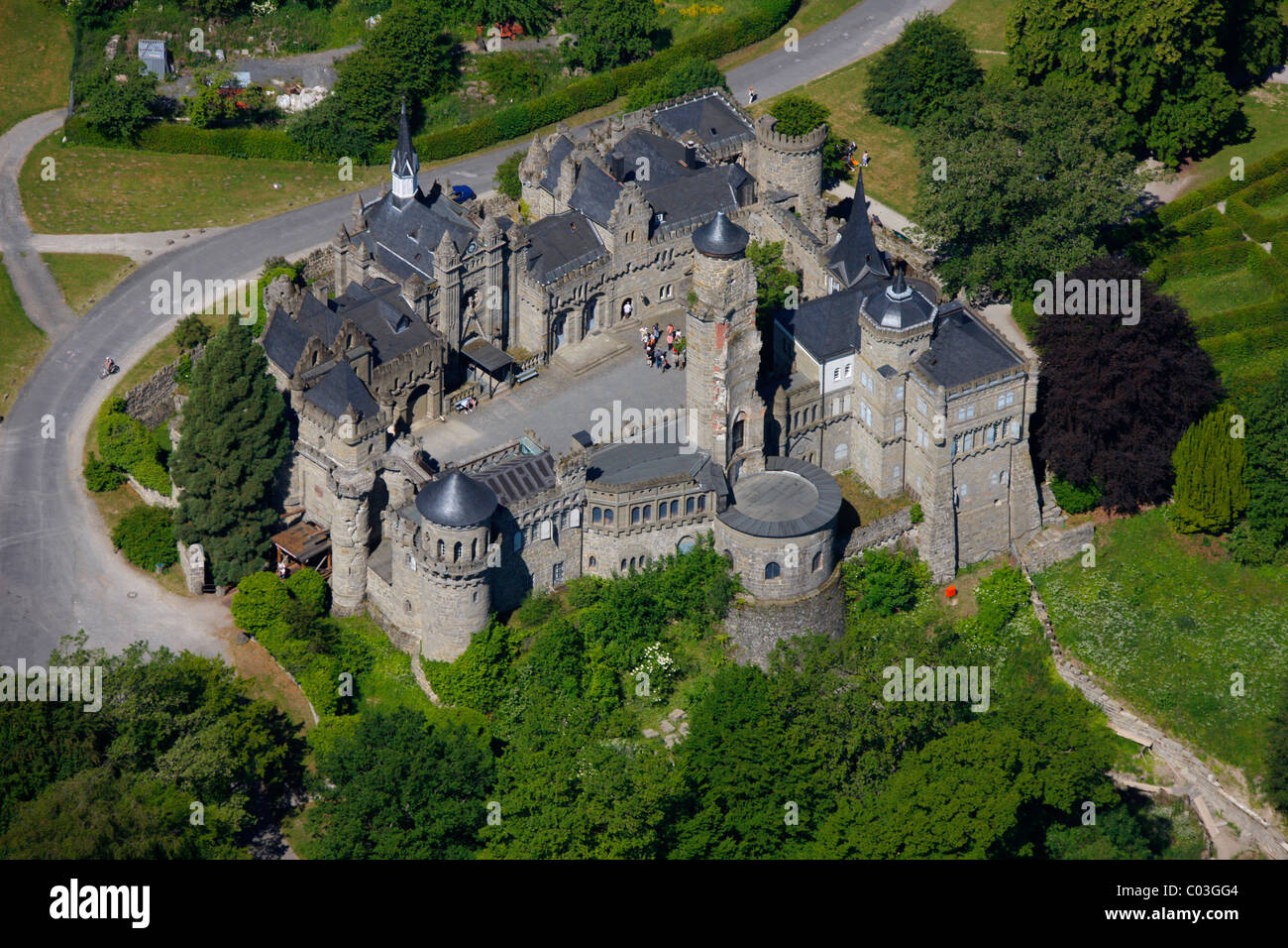 Aerial view, Loewenburg castle, Bergpark Wilhelmshoehe park, Kassel, Hesse, Germany, Europe Stock Photo